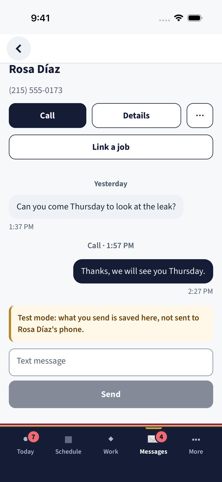 A customer conversation in Guildaire for a sample company, with Call and Link a job buttons