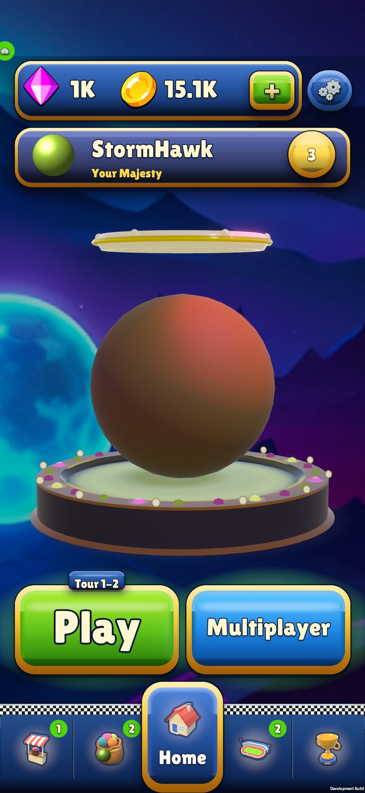 The home screen with the player's marble on its stand and the Play and Multiplayer buttons