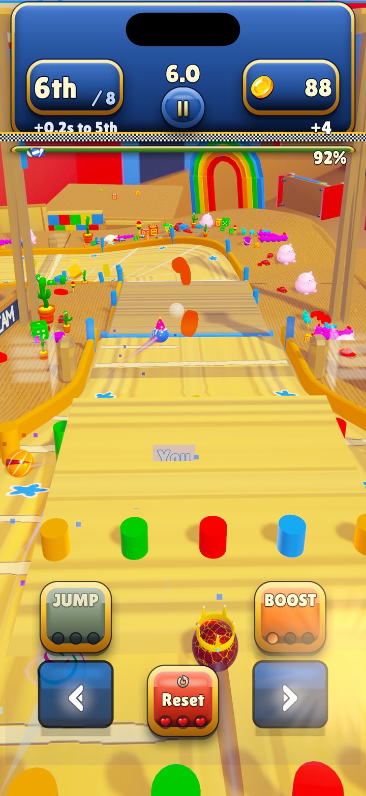 Mid-race on a Toy Workshop track: the place, the timer, and the Jump, Boost and nudge buttons